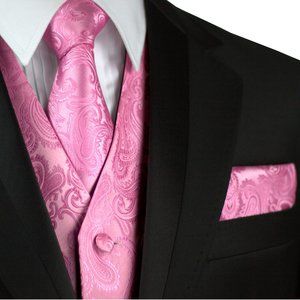 Men's Formal Wedding Prom Homecoming Tuxedo Vest Tie Hankie set - Rose Paisley